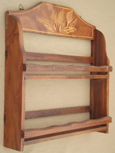 vintage kitchen spice rack, carved wheat wall shelf w/ glass bottles for spices
