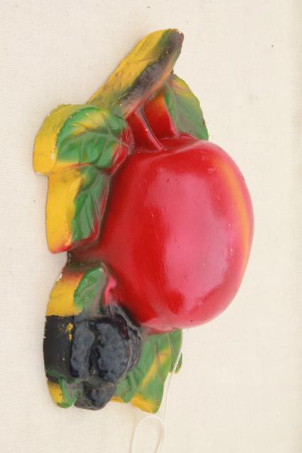 vintage kitchen string holder, big red apple chalkware fruit wall plaque