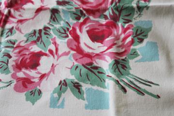 vintage kitchen tablecloth, pink roses floral print aqua border heavy cotton Wilendure type tablecloth