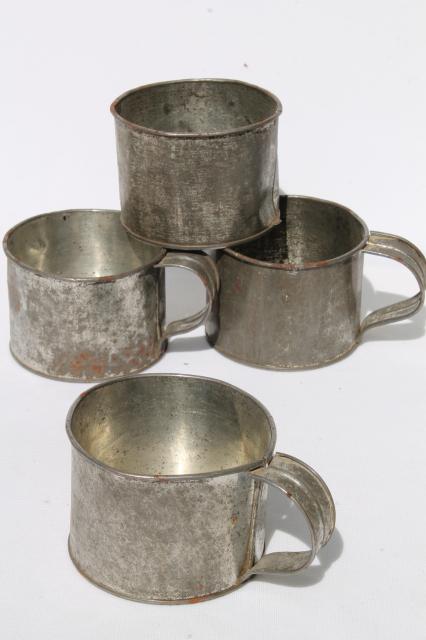 vintage kitchen tinware lot, antique tin mugs, primitive old utensils & tools