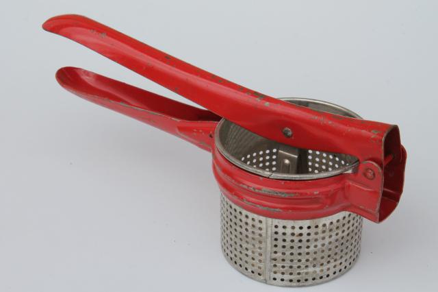 vintage kitchen utensils w/ red handles, red painted wood handled spoons, toast forks, chopper tool