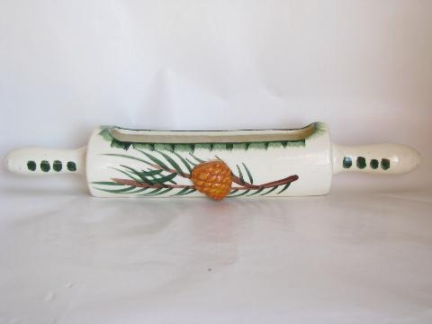 vintage kitchen wall pocket planter, old rolling pin, hand-painted pottery
