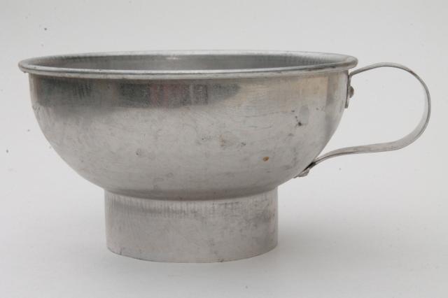 vintage kitchenware lot, aluminum metal measuring cups, scoops, funnels