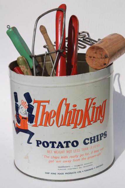 vintage kitchenware lot, collection of kitchen tools & utensils in Chip King potato chips tin