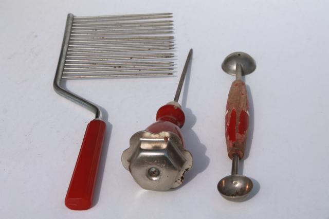 vintage kitchenware lot, collection of kitchen tools & utensils in Chip King potato chips tin