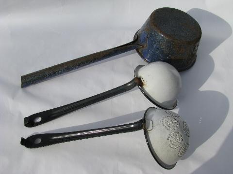 vintage kitchenware utensils, old graniteware enamel dipper, ladles