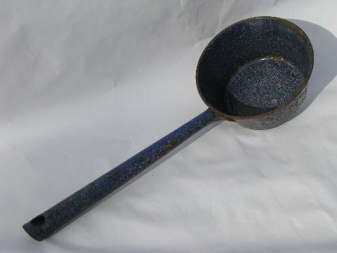 vintage kitchenware utensils, old graniteware enamel dipper, ladles