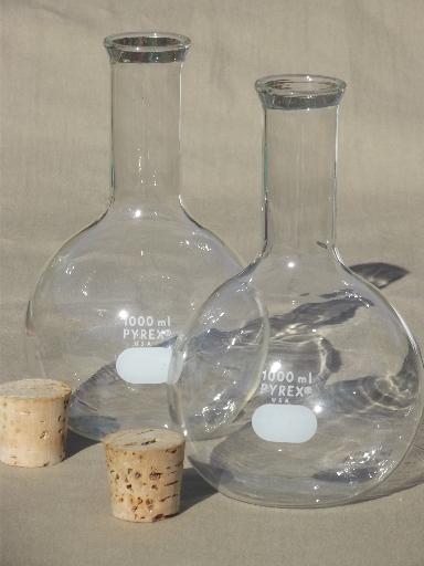vintage lab glass flask bottles, large Pyrex chemical beakers w/ corks