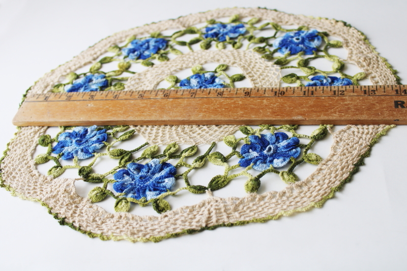 vintage lace doily, colored thread crochet flower pattern, blue w/ olive green