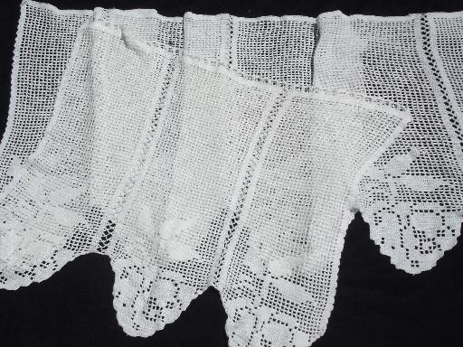 vintage lace door window curtain and valance panel, filet crochet roses