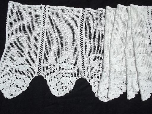 vintage lace door window curtain and valance panel, filet crochet roses