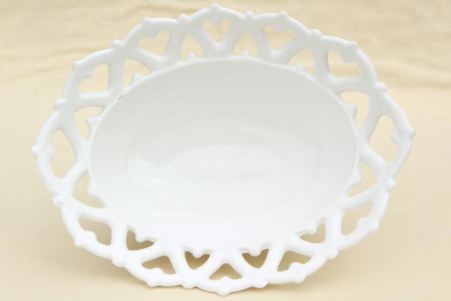 vintage lace edge milk glass basket shaped bowls, oval flower bowl or serving dishes