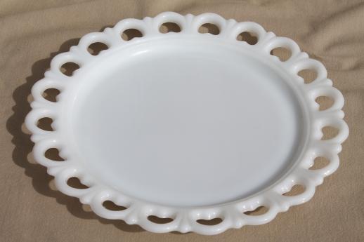vintage lace edge milk glass cake plate, large round tray or serving platter