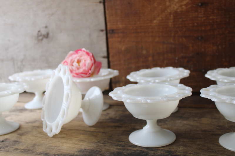vintage lace edge milk glass candy dishes or flower planter bowls, rustic wedding 