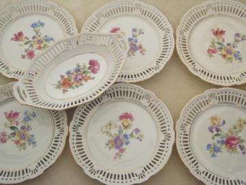 vintage lace edge reticulated  china dessert set, 40s US Zone Germany plates