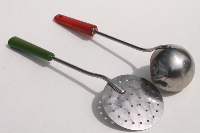 vintage ladle & skimmer, kitchen utensils w/ red & green catalin bakelite handles