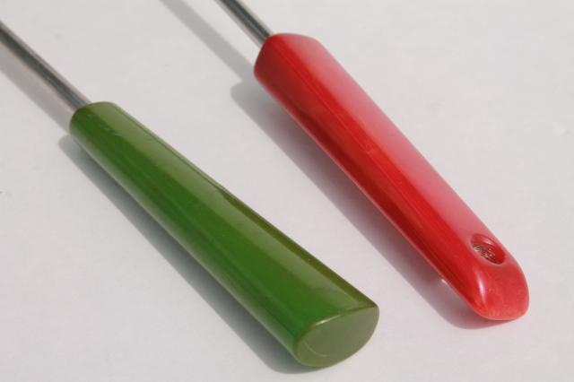 vintage ladle & skimmer, kitchen utensils w/ red & green catalin bakelite handles