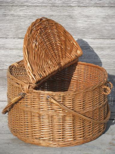 vintage large round wicker market basket, picnic hamper, or sewing tote