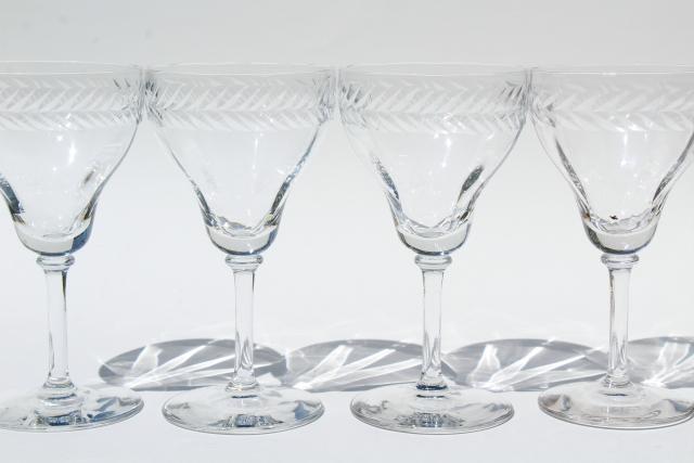 vintage laurel wreath wine & champagne glasses, Bryce etched optic glass goblets