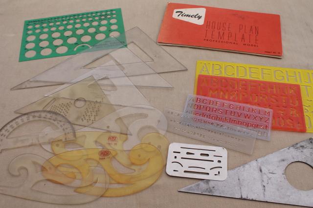 vintage letter stencils, sign lettering & graphic art drafting tools, curves & triangles