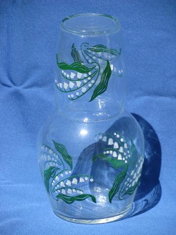 vintage lily of the valley glass tumble up bedside carafe w/ tumbler