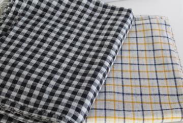 vintage linen fabric, black gingham checked material, tattersall blue & mustard gold