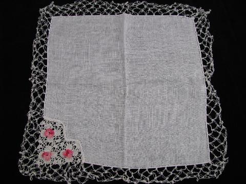 vintage linen handkerchiefs lot, crochet roses, wide lace edging