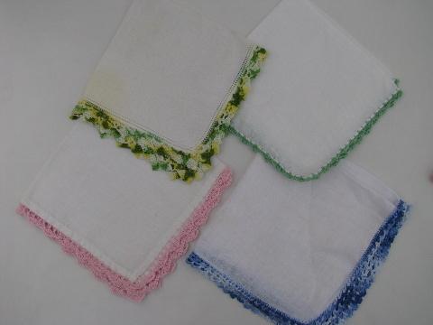 vintage linen handkerchiefs lot, handmade lace edging, crochet and tatting
