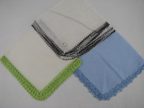 vintage linen handkerchiefs lot, handmade lace edging, crochet and tatting