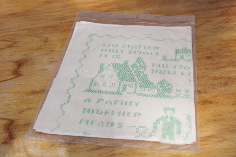 vintage linen sampler printed for embroidery, Family Together Means Home motto to hand stitch
