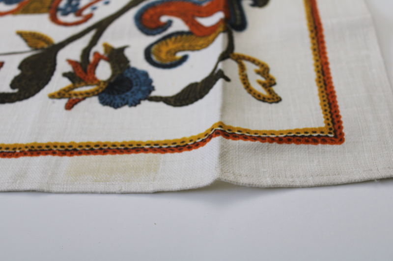 vintage linen tea towel, Jacobean floral print crewel embroidery stitches print