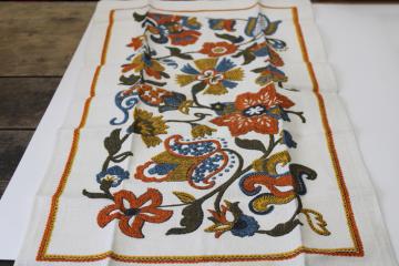 vintage linen tea towel, Jacobean floral print crewel embroidery stitches print
