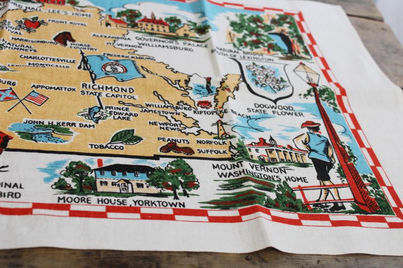 vintage linen tea towel, historic Virginia state map print travel souvenir