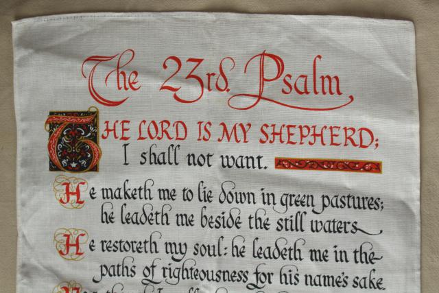 vintage linen towel wall hanging, Lord's Prayer print 23rd psalm