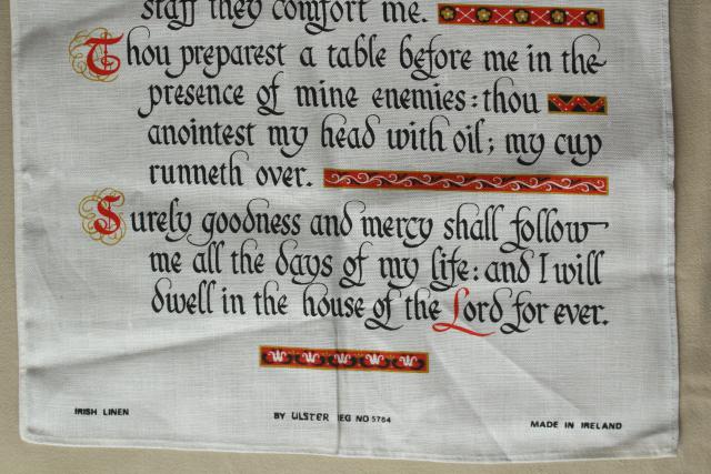 vintage linen towel wall hanging, Lord's Prayer print 23rd psalm