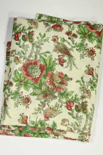 vintage linen weave cotton decorator fabric, Chinese peonies & pheasants floral print
