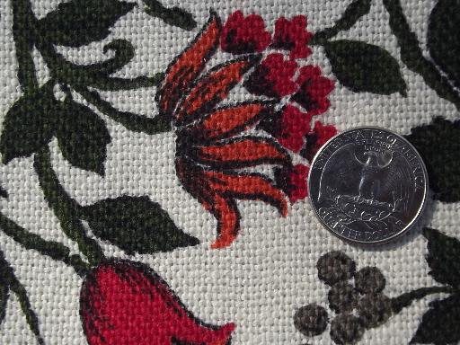 vintage linen weave cotton decorator fabric, jacobean crewel work floral print