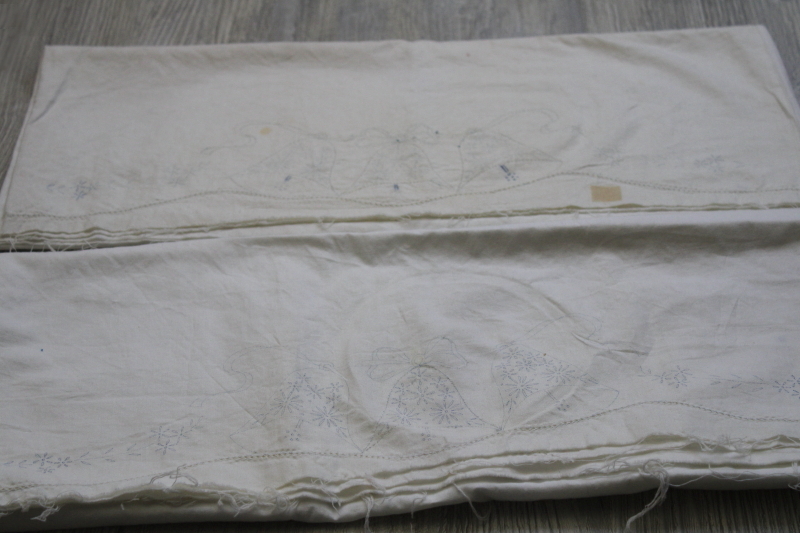 vintage linens stamped for embroidery, large lot of pillowcases to embroider