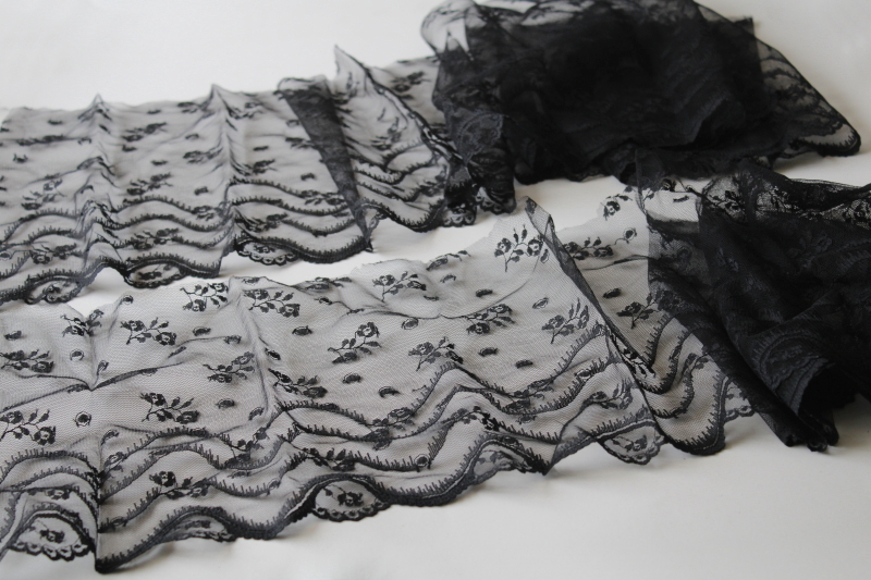 vintage lingerie lace, lot all black lacy sewing trims, wide lace edging, ruffled trim