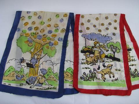 vintage little girl's silky rayon scarves, cute nursery rhymes prints!