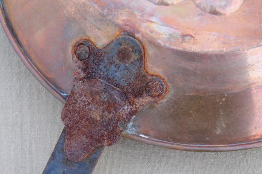 vintage long handled copper pan w/ iron handle, for fireplace or hearth