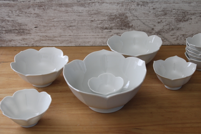 vintage lotus flower white porcelain rice bowls, large serving bowls, small sauce dishes