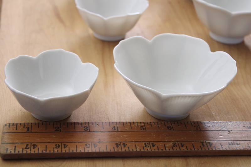 vintage lotus flower white porcelain rice bowls, large serving bowls, small sauce dishes