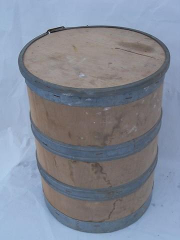 vintage machine-age industrial wood storage barrel or parts bin
