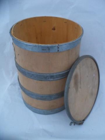 vintage machine-age industrial wood storage barrel or parts bin