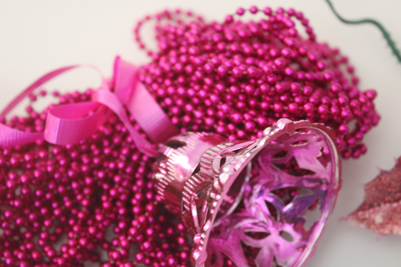vintage magenta pink Christmas decorations, glitter corsage pick, plastic bead garland, bell