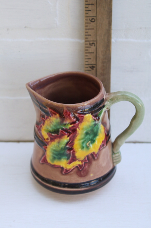 vintage majolica style autumn leaves creamer pitcher, Portugal pottery Williams Sonoma paper label