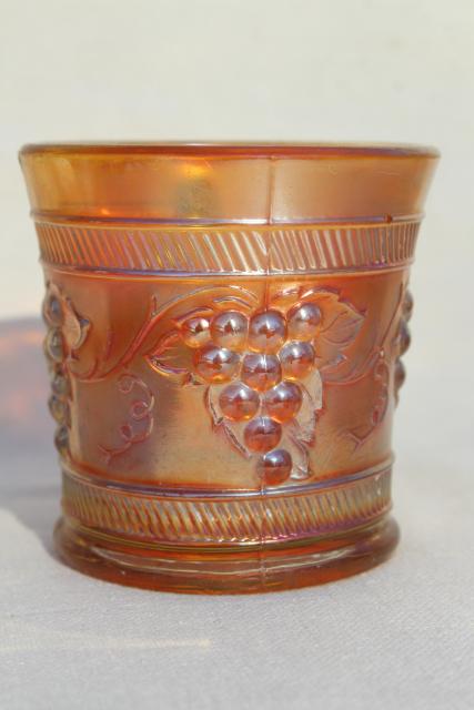 vintage marigold carnival glass, Dugan grapes pattern mug or child's cup