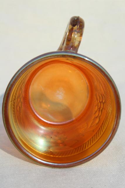 vintage marigold carnival glass, Dugan grapes pattern mug or child's cup