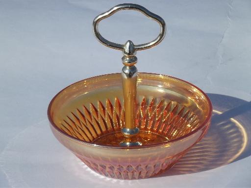 vintage marigold carnival glass center handle bowl and pedestal compote